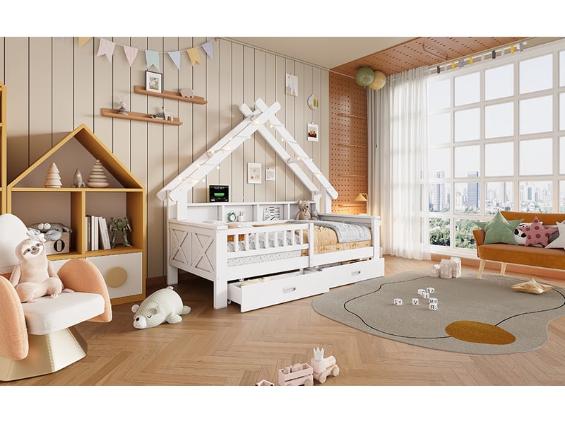  Lit cabane 90 × 200 cm, 2 tiroirs et étagères, éclairage led, barrières et structure en pin, mdf et contreplaqué, blanc  - Conforama B