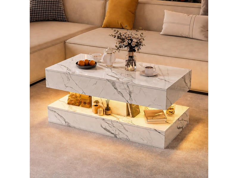  Table basse, 100x50x45 cm, table de salon avec éclairage led intelligent, plateau effet marbre résistant avec 4 zones de rangement et tiroirs, blanc  - Conforama C