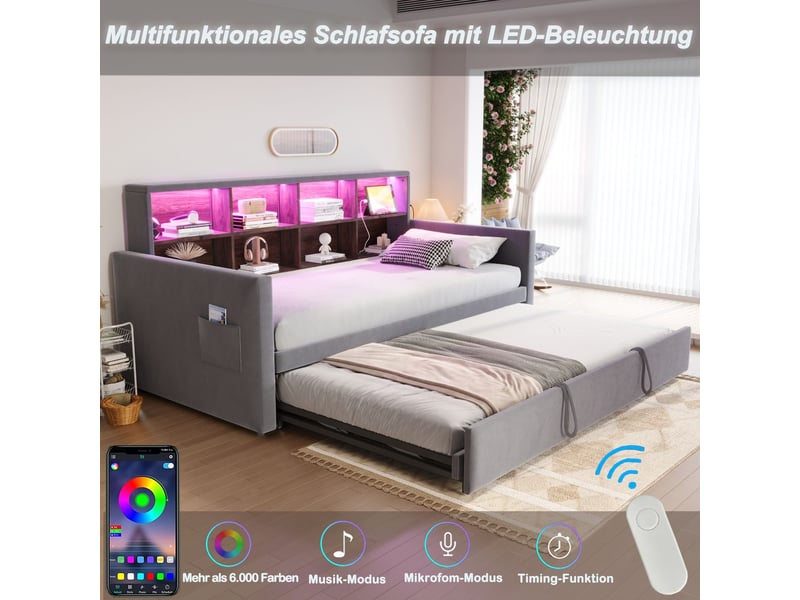  Lit gigogne 90x190, gain d'espace canapé gigogne, rangement tête de lit, couchage d'appoint extensible, velours doux  - Conforama E