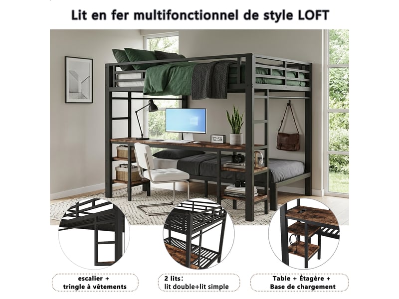  Lit superposé en métal 90x200+140x200 cm, lit enfant avec escalier, bureau et sommier à lattes, noir  - Conforama E
