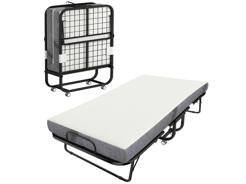 Lit pliant 1 personne 200 x 80 cm avec matelas, lit d'appoint pliable et portable sur roulettes, cadre en acier, blanc - Conforama A