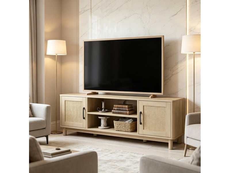  Meuble tv modenvie 135 x 39 x 45 cm avec rangements ouverts et portes en rotin chêne clair  - Conforama B