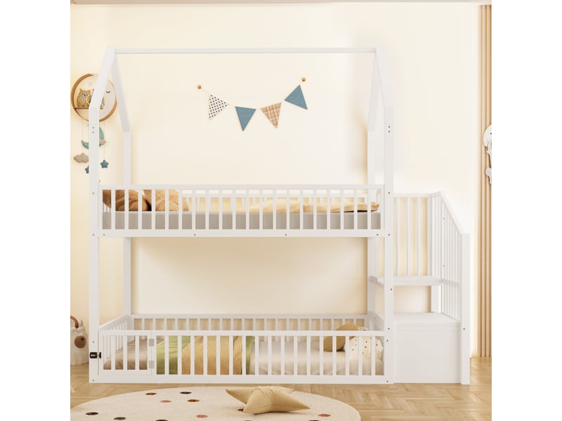Lit superposé enfant 90 x 200 cm avec escalier, lit inférieur à petite porte ouvrante et structure style loft, métal - blanc OMNIGLINT TRADING LTD - Conforama C