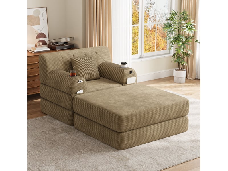  Canapé droit convertible 1 place avec pouf en velours côtelé taupe, dossier haut et 2 porte-gobelets  - Conforama E