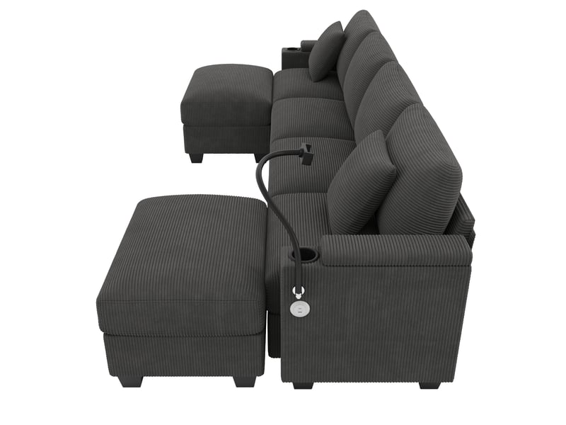  Canapé modulable u, canapé grand salon, 275,5x139x87 cm, 6 personnes, velours côtelé, structure bois massif et métal, équipé de port usb, support téléphone, porte-gobelet, coffre de rangement, housses déhoussables, gris  - Conforama D