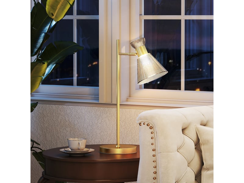  Lampe à poser moderne dorée avec verre ambré satiné, abat-jour orientable, douille e27 pour chambre et bureau  - Conforama B