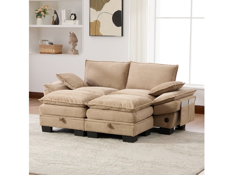  Canapé 2 places modulable en velours côtelé kaki avec 2 poufs et port usb-c  - Conforama D