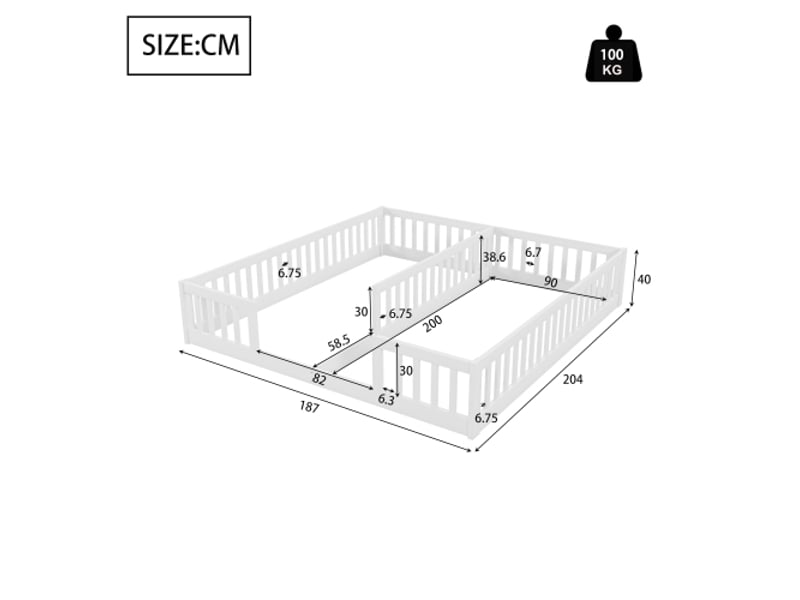  Lit enfant 90x200cm,lit double en pin avec grille et barrière de sécurité,blanc lit enfant gris - Conforama C