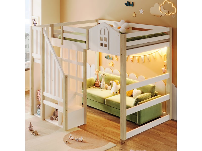 Lit mezzanine enfant 140 x 200 cm avec led, escalier de rangement et rideau en gaze, pin, mdf et contreplaqué, blanc et naturel Fay Lum - Conforama R