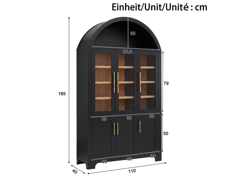 Buffet haut noir avec niche arrondie, 3 portes vitrées, 3 portes pleines, étagères réglables et poignées en aluminium  - Conforama C