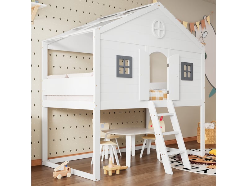  Lit mezzanine enfant 90x200 cm avec escalier et garde-corps, coloris blanc et gris  - Conforama B