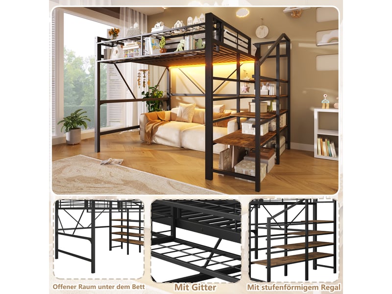  Lit mezzanine, 140 × 200 cm, noir, métal et mdf, étagères et rangements, garde-corps, échelle avec rangements, sans matelas  - Conforama D