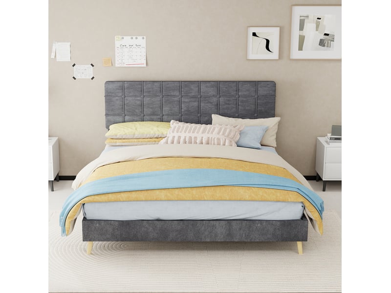  Lit double 160 x 200 cm gris foncé avec tête de lit capitonnée et matelas inclus  - Conforama D