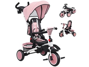 Tricycle convertible 6 en 1, pliable, siège pivotant à 360°, poignée parentale, dossier inclinable, capote, rose