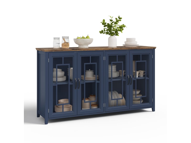  Buffet de cuisine na 160 cm avec portes vitrées, grand rangement et plateau effet bois moderne  - Conforama E