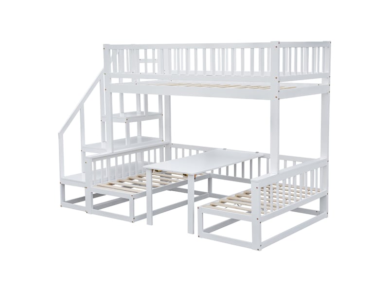  Lit superposé 90x200+120x200cm, lit enfant avec canapé, table, étagères, escalier et sommiers, lit convertible, pin blanc  - Conforama A