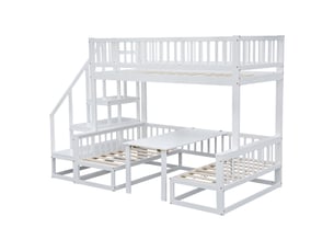 Lit superposé 90x200+120x200cm, lit enfant avec canapé, table, étagères, escalier et sommiers, lit convertible, pin blanc