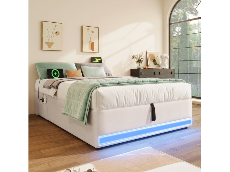 Sommier coffre rembourré 90x200 cm led multicolore usb type‑c coffre design moderne poches latérales lin beige sans matelas - Conforama W
