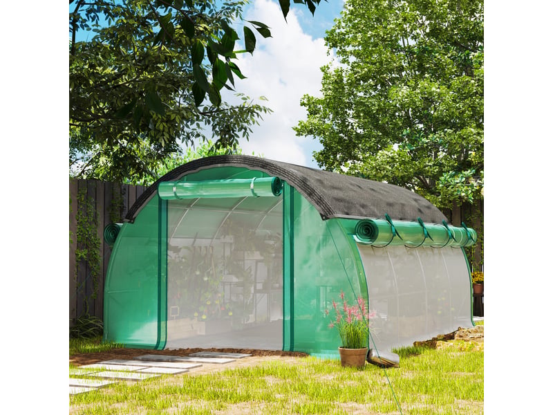  Serre tunnel de 4 x 3 x 2 m avec filet de protection solaire, parois latérales enroulables, bâche en plastique, structure en acier, verte  - Conforama C