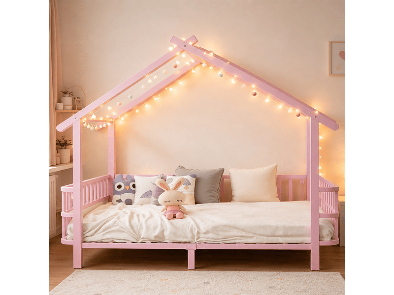  Lit enfant cabane avec garde-corps, métal rose, 90 x 200 cm, toit et cadre décoratif  - Conforama B