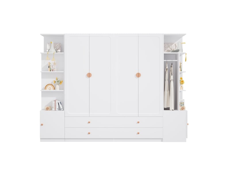 Grande armoire de chambre 270 x 45 x 200 cm, avec 6 portes et 4 tiroirs, 4 tringles, poignées en bois massif, blanc - Conforama A