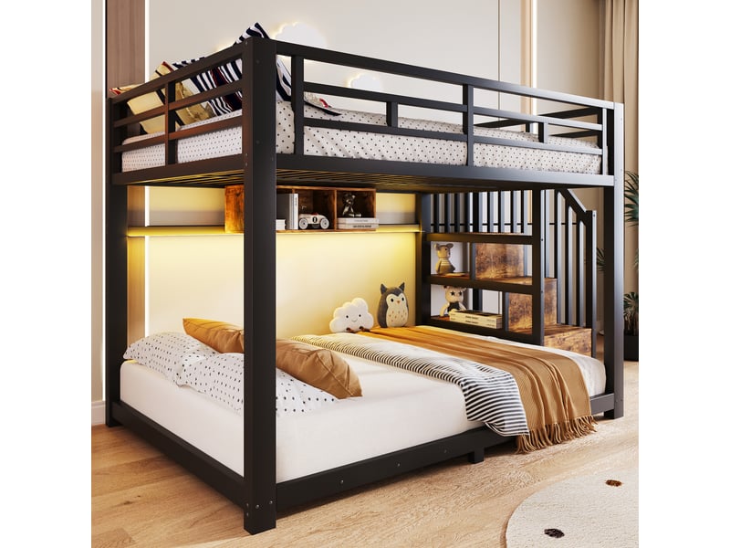  Lit superposé 4 places 140 x 200 cm avec led réglable par application, escalier avec rangement et 3 compartiments, métal noir, garde-corps  - Conforama C