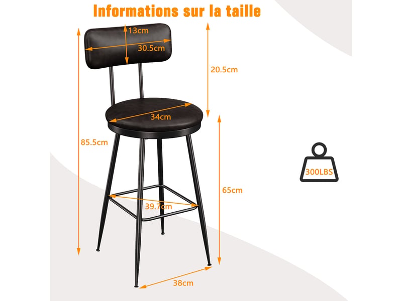  Lot de 4 tabourets de bar - 38x39.7x85.5cm - chaises de bar industrielles vintage en cuir pu - noir  - Conforama E