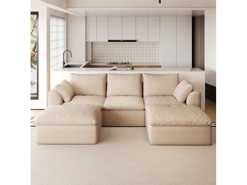  Canapé panoramique en u 5 places 245x155x83 cm en tissu lin kaki  - Conforama B