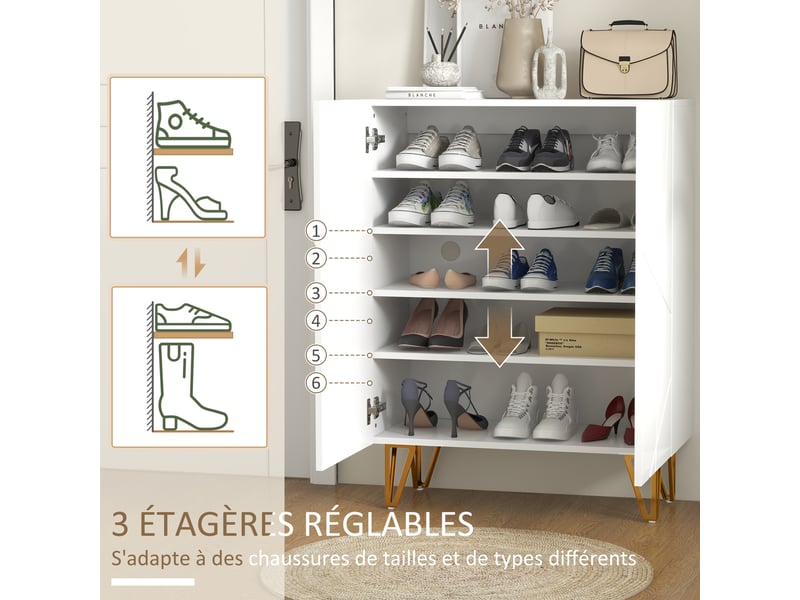  Meuble à chaussures meuble de rangement à chaussures 2 portes étagères réglables 72 x 31,5 x 95 cm blanc laqué  - Conforama E