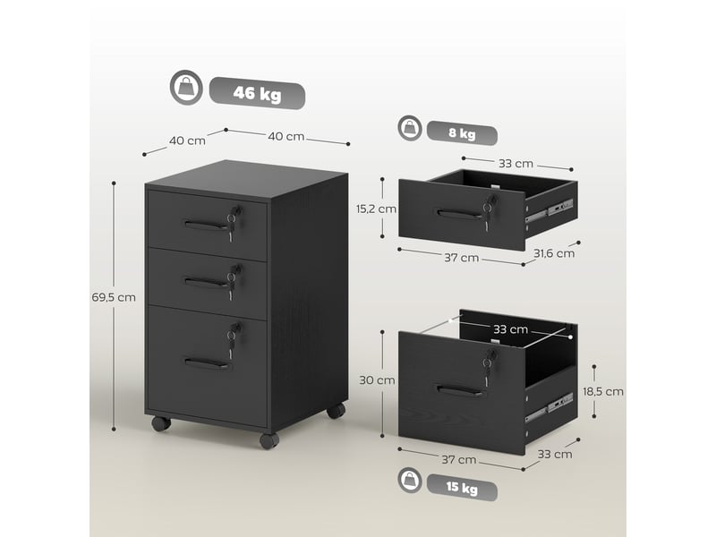  Caisson de bureau mobile 3 tiroirs verrouillables sur roulettes noir 40 x 40 x 69,5 cm  - Conforama C