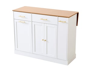 Îlot de cuisine 120 cm, plan rabattable, casier à poubelle, blanc et naturel