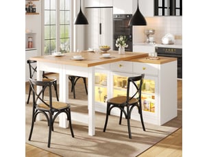 Îlot de cuisine extensible avec led, 3 tiroirs et portes vitrées, blanc, 120-200x40x75,5 cm
