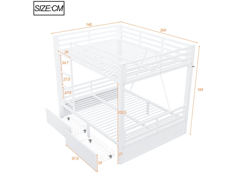  Lit superposé 140 × 200 cm, métal et bois, 2 tiroirs de rangement, échelle intégrée, barrières de protection, blanc  - Conforama C
