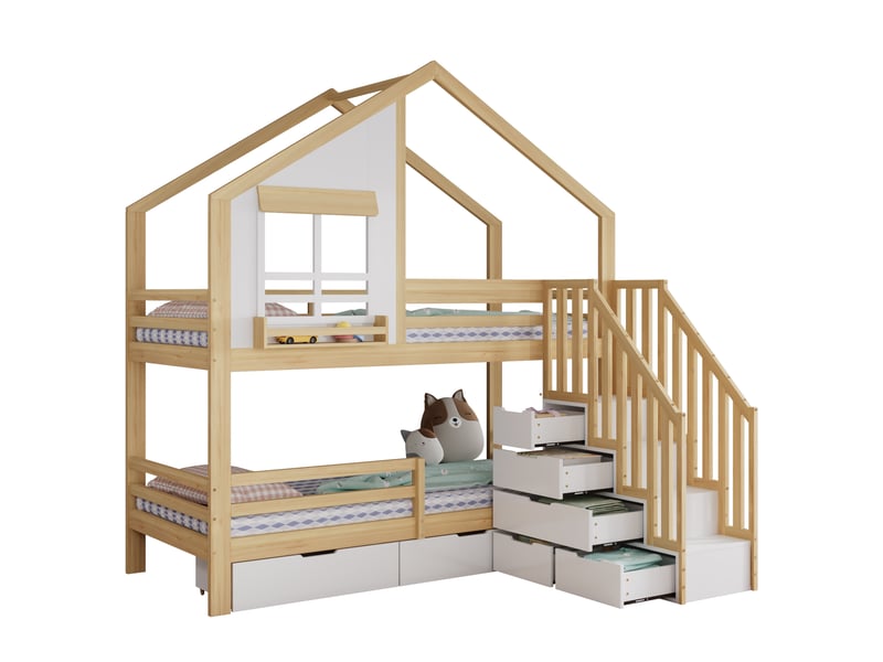  Lit superposé, lit enfant, deux tiroirs à roulettes, fenêtres élégantes, échelle de sécurité avec rambarde, pin et mdf, blanc et naturel, 90 x 200 cm  - Conforama A