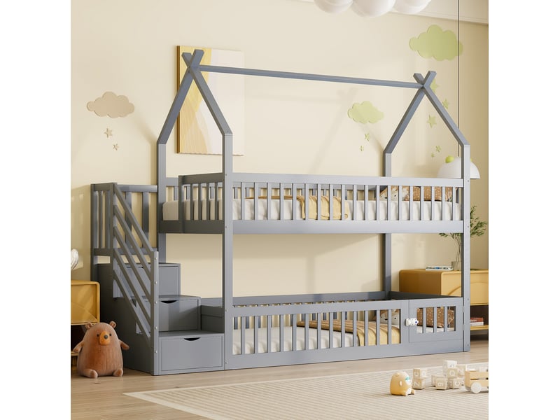  Modenvie lit superpose enfant 90x200 cm - avec escalier de rangement, toit cabane - sans matelas - gris  - Conforama D
