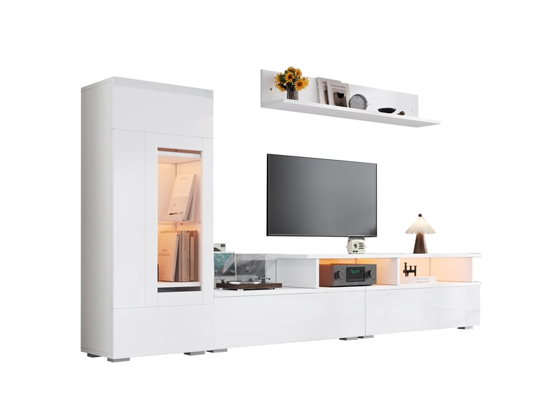  Ensemble meuble tv mural 3 pièces - led - blanc - l170 x p35 x h45 cm - pour tv jusqu'à 60 pouces  - scandinave  - Conforama A