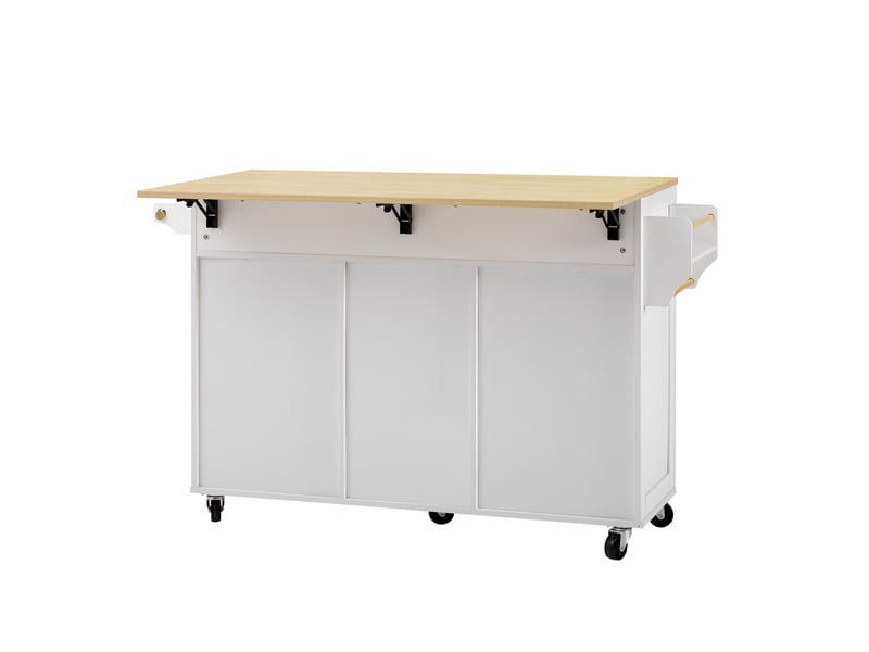  Îlot de cuisine mobile 140 cm avec plateau extensible, 2 tiroirs et étagères réglables, blanc et naturel Jamama eleni - Conforama W