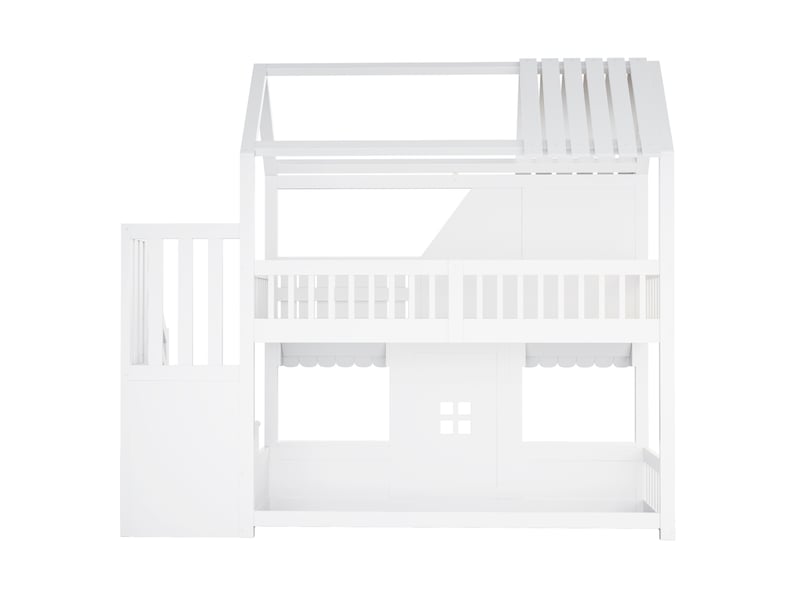  Lit superposé enfant 90 × 200 cm 1 place avec led, étagères et rangement, sans matelas, en bois, blanc  - Conforama E