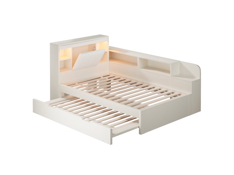  Lit gigogne blanc 90x190 cm avec liseuses, rangements, usb et type-c Fay Lum - Conforama W