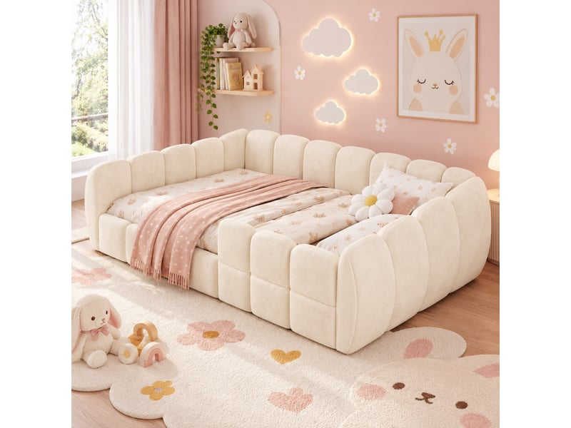  Lit enfant au sol 90x200 cm beige en velours, design fermé avec angles arrondis, sans matelas  - Conforama E