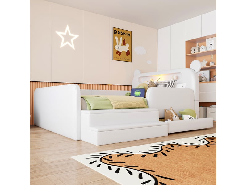  Lit enfant 140x200 cm avec rangement, veilleuse et port usb en similicuir blanc  - Conforama D
