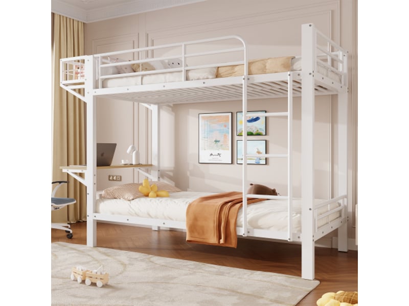  Lit superposé 4 places 140 x 200 cm avec led réglable par application, escalier avec rangement et 3 compartiments, métal blanc, garde-corps  - Conforama C