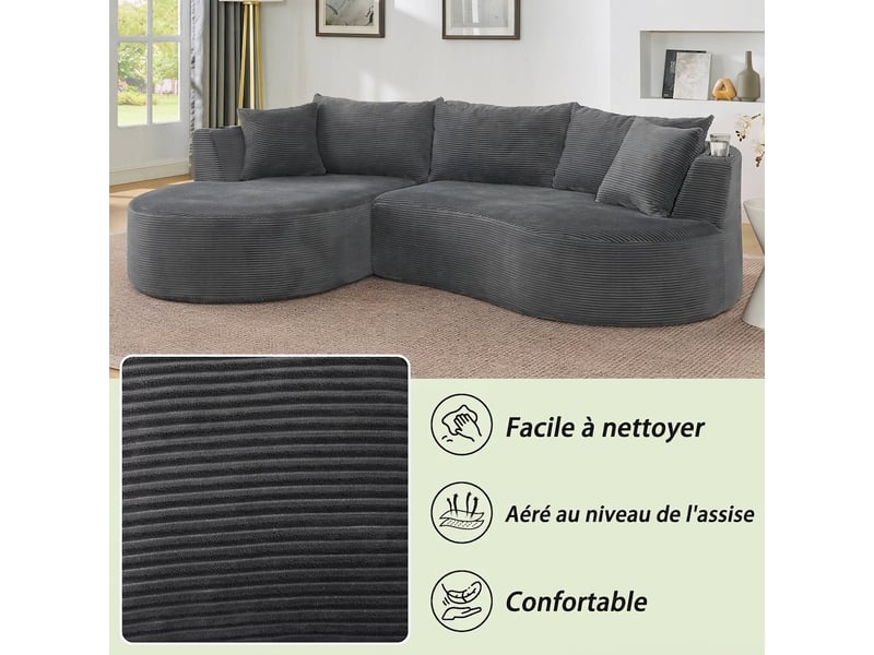  Canapé 3 places méridienne gauche gris velours côtelé avec porte-gobelet  - Conforama W