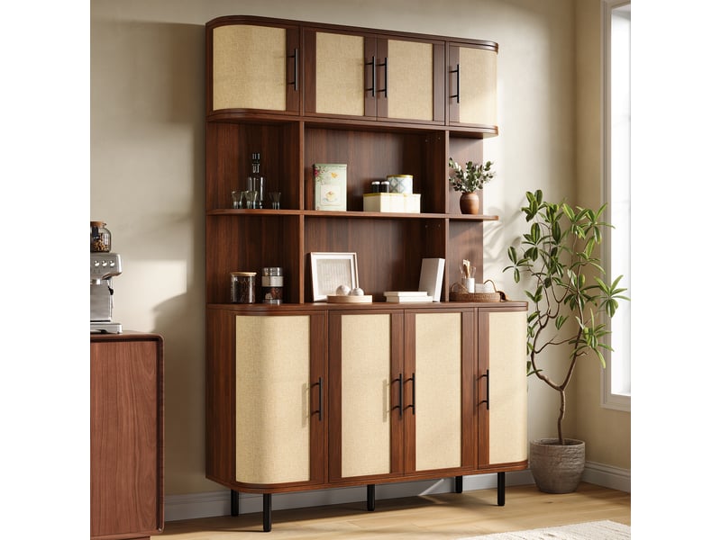  Buffet de rangement - armoire hautebuffet avec façade en rotin, structure en mdf, 8 portes, poignée noire, pieds en fer, noyer  - Conforama D