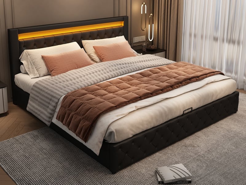 Lit rembourré en pu, 180 x 200 cm, avec sommier et coffre de rangement, éclairage led multicolore, noir  - Conforama B