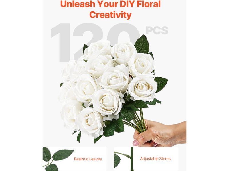  Mophorn lot de 120 roses artificielles, fleurs décoratives de 50,8 cm avec têtes de 7 cm, idéales pour la décoration intérieure, les fêtes, les mariages et les centres de table, blanc  - Conforama E