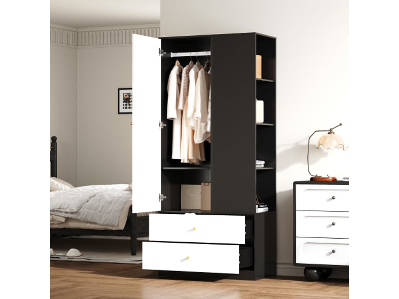 Armoire miroir 1 porte, 2 tiroirs, 4 étagères – blanc et noir, 80×40×180 cm, rangement chambre moderne  - Conforama D