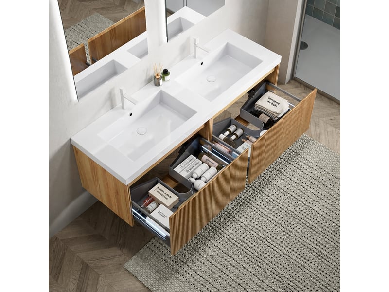  Meuble double vasque suspendu 140 cm avec 2 vasques blanches, finition bois naturel  - Conforama B