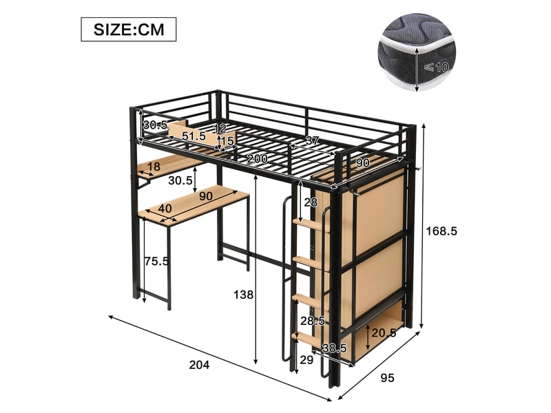  Lit mezzanine enfant 200×90 cm avec armoire, bureau, escalier à mains courantes et rangements, sans matelas  - Conforama D