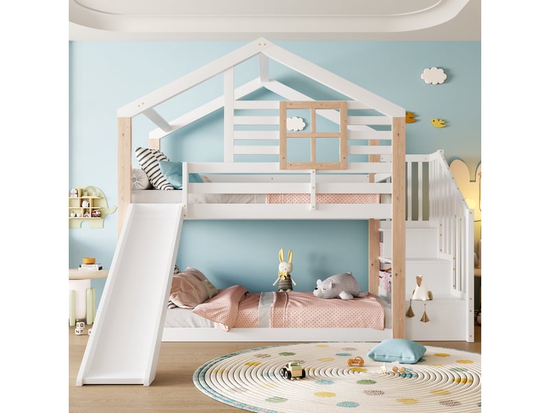 Lit superposé enfant scandinave avec rangement, bois massif, blanc - Conforama B